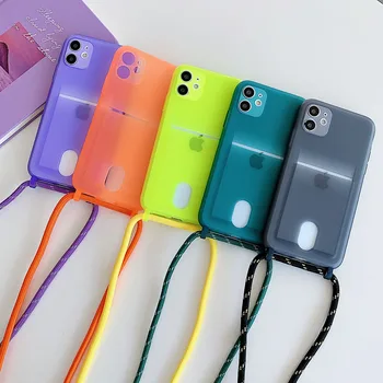 Fluorescencijos Neon Telefono dėklas skirtas iPhone XS 11 Pro Max XR X 7 8 Plius Minkšto Silikono Virvelę Karoliai Laido Virvę su Kortele Kišenėje