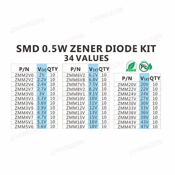 0,5 W SMD Zener Diodas Asorti Rinkinys (2V 3V 3.3 3.6 V V V 5.6 5.1 V 7.5 V 10V 12V 13V 15V 16V 18V 20V 22V 24V 30 V 36V 39V 47V)