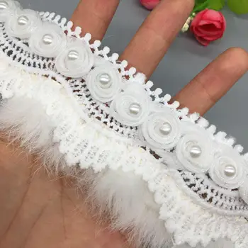 1 Yd Baltos spalvos Dirbtiniais Kailiais Pom Pom 3D Gėlių Lapų Nėriniai Apdailos Juostelės Audinio Siuvinėtos Aplikacijos, Siuvimo Amato Vestuvių Suknelė Drabužius
