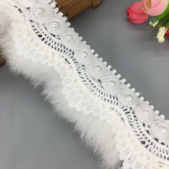 1 Yd Baltos spalvos Dirbtiniais Kailiais Pom Pom 3D Gėlių Lapų Nėriniai Apdailos Juostelės Audinio Siuvinėtos Aplikacijos, Siuvimo Amato Vestuvių Suknelė Drabužius