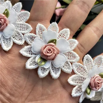10X 3D White Rose Gėlių Nėrinių Apdaila Aplikacijos Apdailos Nėrinių Juostelės Siuvinėto Audinio Siuvimo Amato Rankų darbo Vestuvių Dekoravimas