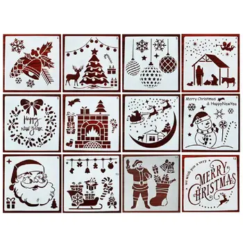 12 Vienetų Kalėdų Trafaretai Šabloną Daugkartinio naudojimo Plastikiniai Amatų, Meno Piešimo Pai B95C