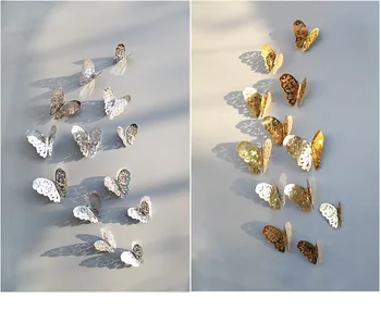 12 Vnt/Set 3D Sienų Lipdukai Drugelis Tuščiaviduriai Popieriaus 3Sizes Sidabro Aukso Šaldytuvas Lipdukai Namų Šaliai Vestuvių Dekoras
