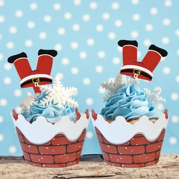 12pcs+12pcs Tortas Toppers Cupcake Wrapper Popieriaus Tortas Vyniojimo Prekių Linksmų Kalėdų Senį Santa Claus Tortas Topper Kalėdų Dekoro