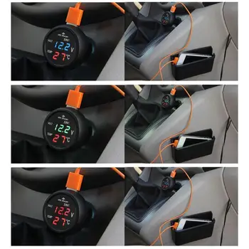 12V 24V Automobilio Voltas Metrui LCD Ekranas Automobilį Auto LED Digital Voltmeter Gabaritas+Termometras+USB Įkroviklis Universalus