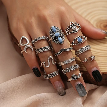17KM Vintage Silver Color Butterfly Rings Set For Women Bohemian Leaves Star Moon Statement Rings Trendy 2020 Jewelry Gifts