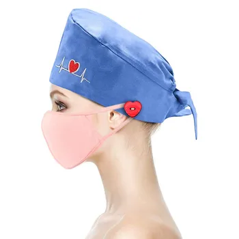 1pc Naujas Šveitimas Slaugytoja Skrybėlę Mygtukai Gorros Quirurgicos Širdies Spausdinimo Bouffant Sanitarijos Kepurė Su juodos spalvos juosta ant galvos Slaugos Kepurės Šveitimas Bžūp