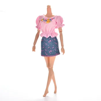 1pc Rožinė Drabužių Rinkiniai Vasaros trumpomis Rankovėmis Gėlių Spausdinti Lėlės Suknelė elegantiškas Sijonas Barbie Lėlės