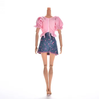1pc Rožinė Drabužių Rinkiniai Vasaros trumpomis Rankovėmis Gėlių Spausdinti Lėlės Suknelė elegantiškas Sijonas Barbie Lėlės
