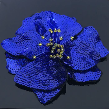 1PCS Mados Didelis Mėlynas Blizgančiais Gėlių Pleistras Drabužių Aplikacijos už Jeans 