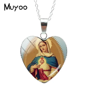 2019 Naujas Mados Mergelės Marijos Širdies Meilės Pakabučiai, Karoliai Our Lady of Guadalupe Papuošalai ir į Stiklo Meno, Širdies NecklacesHZ3