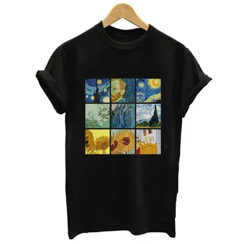 2019 Naujas Moterų Mados Tumblr T-shirt Harajuku Spausdinti Trumpas Rankovės O-kaklo Top Marškinėliai Van Gogho Meno Tees Moterims, 9 Stilius 3 Spalvos