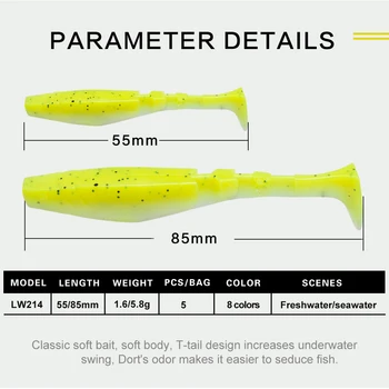 2019 žvejybos minkštas masalas shad 5vnt/maišas žvejybos masalas Fluorescentinės žalios spalvos 5,5 cm/8,5 cm 1.6 g/5.8 g T-tail žvejybos bass