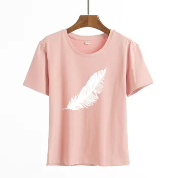 2020 m Moteris laisvalaikio Harajuku mados t-shirt plunksnų spausdinti laisvi o-kaklo trumpomis rankovėmis elastinga ištemptas vasaros namuose, naujas Tee Marškinėliai