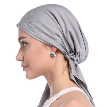 2020 Mados Musulmonų Skarelė Skrybėlę Plonas Vasaros Vidinis Hijab Kepurės vientisos Spalvos Deimantų Turbaną moterims, variklio Dangtis, Indija Headwrap Skrybėlės