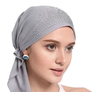2020 Mados Musulmonų Skarelė Skrybėlę Plonas Vasaros Vidinis Hijab Kepurės vientisos Spalvos Deimantų Turbaną moterims, variklio Dangtis, Indija Headwrap Skrybėlės