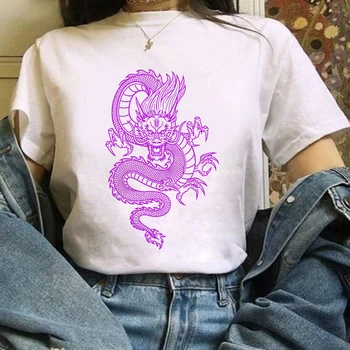 2020 metų Vasaros Moterims T-shirt Dragon modelis Atspausdintas Tshirts Atsitiktinis Viršūnes Tee Harajuku 90-ųjų Derliaus Baltos spalvos marškinėlius Moterų Drabužiai