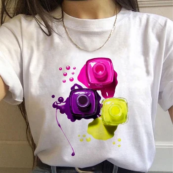 2020 metų Vasaros Moterims T-shirt Spalvinga Nagų Poli Spausdinti Tshirts Atsitiktinis Viršūnes Tee Harajuku 90-ųjų Derliaus Baltos spalvos marškinėlius Moterų Drabužiai