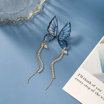 2020 Naujas mados bauda mėlynas drugelis modeliavimo saldus Moterų auskarai joker Ilgi kutai blizga kristalų vyresnysis Lašas auskarai