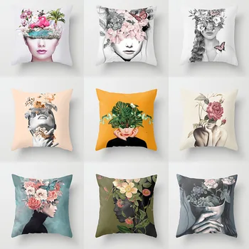 2020 Naujas spausdinti moterų gėlių galvos pagalvė pagalvėlės paprastas ir gaivus sofa namų apdailos galimybių įvairovę, 45*45cm
