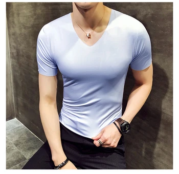 2020 Naujas Vyrų Vasaros Seksualus Kvėpuojantis T Vyrų marškinėliai Kieto Spalvų V-kaklo Marškinėliai Atsitiktinis Trumpas Rankovės Fitneso marškinėlius Plius Dydis 5XL