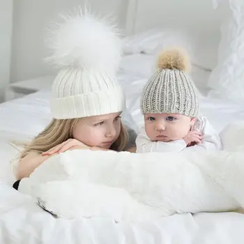 2020 Nauji 2VNT/komplektas Mama Mama+Baby Mezgimo Pom Bobble Skrybėlę Vaikai, Mergaitės ir Berniukai, Žiemą Šilta Kepuraitė Skrybėlės Priedai