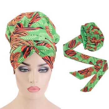2020 Naują Afrikos Spausdinti Satino variklio Dangčio su Ilgu Kaspinu Galvos Wrap Moterų Dvigubo Sluoksnio Turbaną Ankara Modelio Plaukų Padengti Priedai