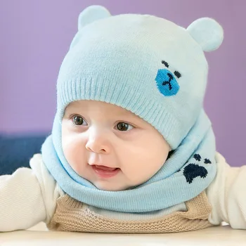 2vnt/Komplektas Šiltas Baby Skrybėlę ir Skara Megzti Apsaugoti Ausis Kūdikių Berniukų, Mergaičių Skrybėlę Žiemos Kepuraitė Šalikai Tinka Animaciją Kačių Lopšių Bžūp
