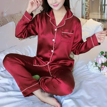 2VNT Pižama Rinkiniai Moterims Atvartas, Šilko Imitacijos ilgomis Rankovėmis Namų Drabužiai Ponios Mujer Sexy Satin Viršūnes+Kelnės Pižamą Sleepwear Rudenį