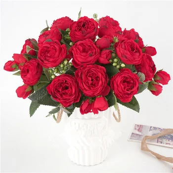 30cm Rožė raudona Šilko Bijūnas Dirbtinių Gėlių Puokštė 5Big Galvos ir 4Bud su bijūnas Netikrą gėlių rankų darbo namų vestuvių dekoravimas