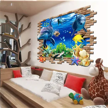 3D Vandenyno Delfinai Sienos Freskos Nuimamas Siena Lipdukas Art Vinyl Decal Kambarį Apdailos Vaikai