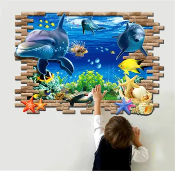 3D Vandenyno Delfinai Sienos Freskos Nuimamas Siena Lipdukas Art Vinyl Decal Kambarį Apdailos Vaikai