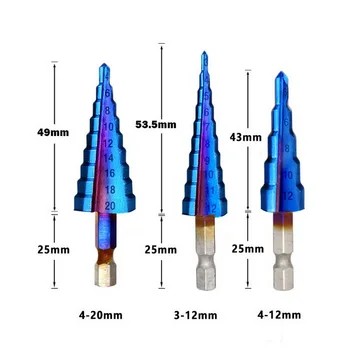 3PCS 4-12 / 20 mm Grąžtas HSS Spiralės formos Griovelio Centras Kieto Karbido Gręžimo P6M5 Super Blue Nano Danga Žingsnis Kūgio formos Grąžtas