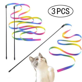 3pcs Katė Lazdos dvipusis Spalvinga Vaivorykštė Juostelės Funny Cat Stick Žaislai Naminių Kačių Interaktyvus Stick Kibinimas Žaislai Prekes