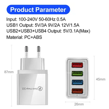 4 USB Įkroviklis Greitai Įkrauti 3.0 4.0 Uosto Greito Įkrovimo Sienelės Adapteris, Skirtas 