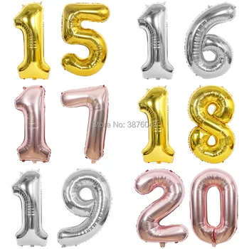 40inch skaičius 15 16 17 18 19 20 metų balionas pakilo auksas, sidabras 15 16 17 18 19 20-metis balionų dekoracijos