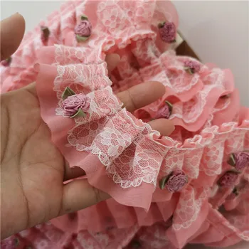 5CM Pločio Rožinės spalvos Klostuotas Šifono Audinio 3D Gėlių Nėrinių Apdaila Išsiuvinėti Guipure Nėrinių Juostelės 