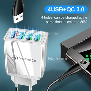 60W Greitai Įkrauti 3.0, USB Telefono Kroviklis Sienos 4 Port QC3.0 Greito Įkrovimo Adapteris, Skirtas 