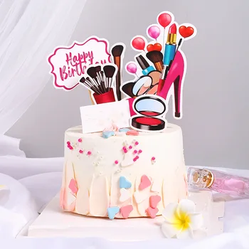 6pcs Naujas Aukšto kulno mergina Tortas Topper Lūpų maišelį kosmetika gimtadienio cupcake rėžtuvės Gimtadienio laimingas, desertas Pyragas apdaila