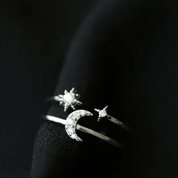 925 Sterlingas Sidabro Reguliuojamas Moterų Žiedai kalnų krištolas Moon Star CZ Vestuviniai Žiedai, Moterų, Merginų Grupė Vestuvių Papuošalai