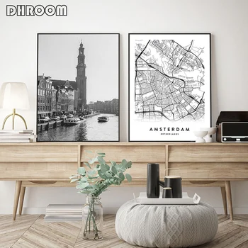Amsterdamas Miesto Žemėlapį Nustatyti Plakato Spauda Juoda Balta Siena Paveiksl Namų Dekoro Nyderlandų Žemėlapis Šiaurės Stiliaus Kambarį Apdaila