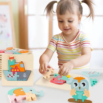 Animacinių filmų Gyvūnų 3D Medinė Dėlionė Baby Montessori Žaislai Vaikams Švietimo Medinė Dėlionė 1 2 3 Metų amžiaus Berniukų, Mergaičių