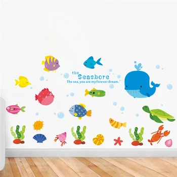 Animacinių filmų gyvūnų povandeninio žuvų, banginių burbulas sienos lipdukai miegamasis, vaikų kambariai, vaikų darželio namų dekoro 