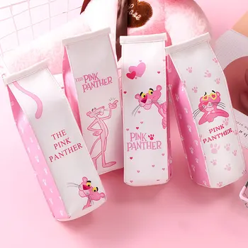 Animacinių filmų Pink Panther Pieno butelis pieštuko atveju Mielas pen maišelis, dėžutė Kanceliarinės prekės dėklas dovanų mergaitėms, medžiagos, mokyklinės prekės, pieno stiklo
