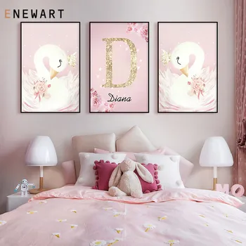 Asmeninį Plakatas Kūdikio Vardas Custom Tapybos Drobės Darželio Spausdinti Nuotraukas Rožinė Swan Karūna Sienos Meno Mergaičių Miegamasis Dekoro
