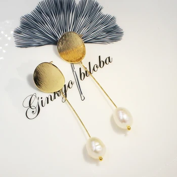 Aukso Natūralių Gėlavandenių Perlų Ilgai Stud Auskarai korėjos Dizaino Moterų Geometrinis Rankų darbo Vestuvių Mados Auskarai Papuošalai 2020 m.