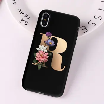 Aukso Raidžių Alfabetą Gėlių Spausdinti Gėlių Paprasta Juoda Telefono dėklas skirtas iPhone 11 x 7 12 6 6s 8 plus Xs XR Pro Max 5-Ių Telefono Dangtelį
