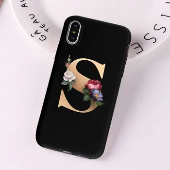 Aukso Raidžių Alfabetą Gėlių Spausdinti Gėlių Paprasta Juoda Telefono dėklas skirtas iPhone 11 x 7 12 6 6s 8 plus Xs XR Pro Max 5-Ių Telefono Dangtelį