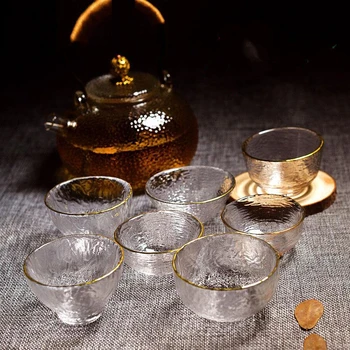 Aukso Stiklo Arbatos Dubenėlį, Puodelį su Glod Ratlankio Japonų stiliaus Rankas Plaktuką, Kung Fu Priedai Žalia Puer patys puodeliai Teaware Rinkinys