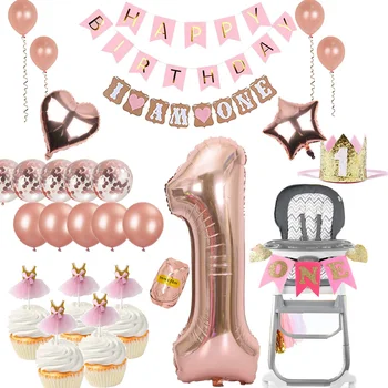 Baby girl Pirmasis 1 vienerių metų gimtadienį apdailos prekių dovana balionas tortas topper reklama Aukšta Kėdutė, garliava skrybėlę lankelis